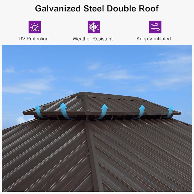 PURPLE LEAF 12’ X 16’ Outdoor Hardtop Gazebo Metal Frame Galvanized Steel Double Roof with Curtains and Nettings for Patio Desk Backyard Bronze