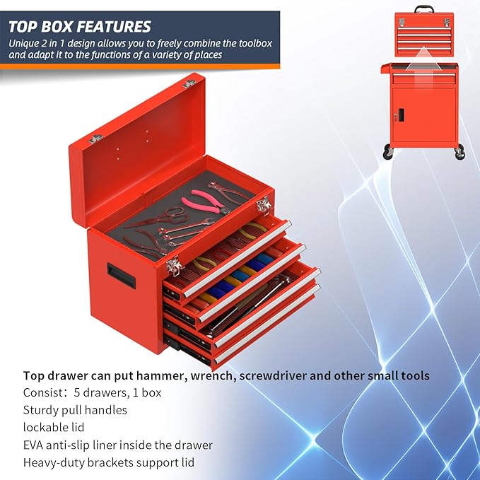 5-Drawer High Capacity Rolling Tool Box, Removable Cabinet Storage Tool Chest with Wheels and Drawers, Detachable Toolbox with Lock for Mechanics Garage Workshop and Tool Room (Red)
