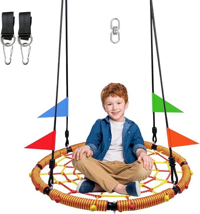 32 Spider Web Swing,Tree Swing for Kids Outdoor,Outdoor Large Web Swings£¬700Lb Weight Capacity, with 71 Detachable Nylon Rope Swivel£¬for Backyard, Playground (Red-y) (32in)