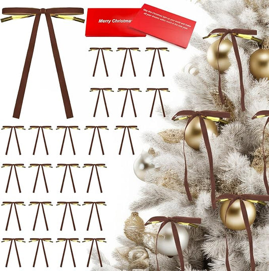 24 Pcs Velvet Bows for Christmas Tree Ribbon Bows for Home Tree Garland Wreath Indoor Rustic Crafts Gift Xmas Decorations Holiday Wedding Outdoor (Camel)