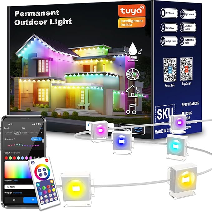 50ft Permanent Outdoor Lights with 30 LEDs, IP68 Waterproof Smart RGB+IC LED Christmas Light with 75 Scene Modes, Holiday Lights for Christmas Halloween, Work with Wi-Fi, Alexa & Google Assistant