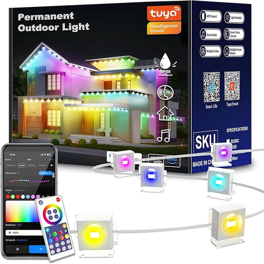 50ft Permanent Outdoor Lights with 30 LEDs, IP68 Waterproof Smart RGB+IC LED Christmas Light with 75 Scene Modes, Holiday Lights for Christmas Halloween, Work with Wi-Fi, Alexa & Google Assistant