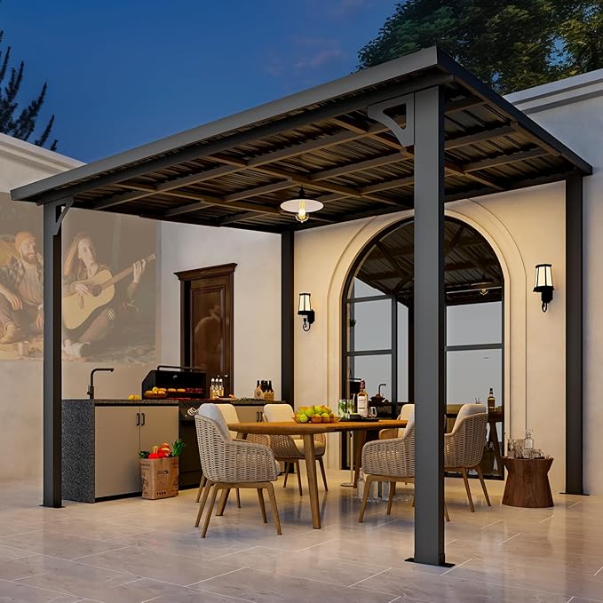 U-MAX 10' x 10' Outdoor Pergola Hardtop Gazebo, Wall-Mounted Heavy Duty Lean to Metal Awnings Gazebos on Clearance for Patio, Large Galvanized Steel Pergolas and Gazebo for Outdoor Use