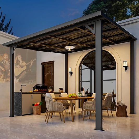 U-MAX 10' x 10' Outdoor Pergola Hardtop Gazebo, Wall-Mounted Heavy Duty Lean to Metal Awnings Gazebos on Clearance for Patio, Large Galvanized Steel Pergolas and Gazebo for Outdoor Use