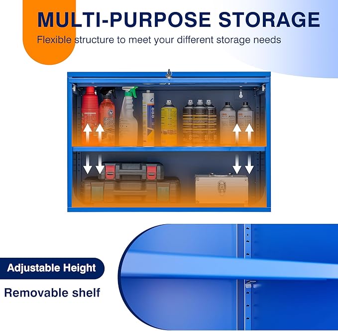 Yizosh Metal Garage Wall Cabinet with Doors and Shelves, Wall Mounted Metal Storage Cabinet, Floating Garage Tool Cabinet for Garage, Basement, Kitchen, Warehouse (Blue, 21.6 H)