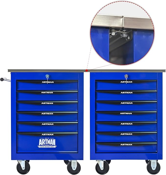 RYH 4/5/6/7 Drawers Rolling Tool Chest -Heavy Duty Mobile Metal Tool Box with Locking Wheels, with Stainless Steel Worktop, Garage Tool Storage Cabinet (Blue, 7-Drawers 30.7 H¡¿22.2 W)