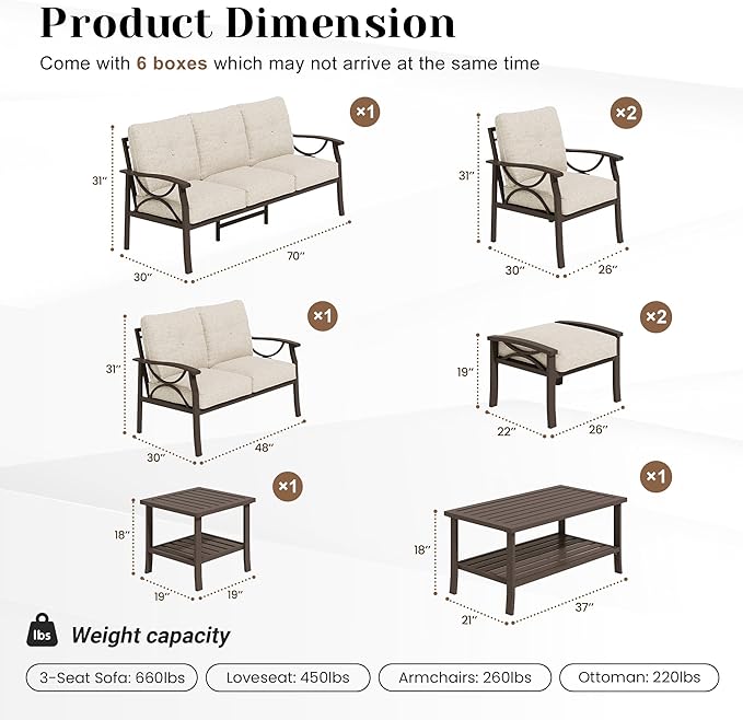 8-Piece Outdoor Patio Furniture Set, Outdoor Metal Sectional Furniture with Cushions, Outdoor Conversation Seating Set with Side Table for Deck, Backyard, Garden, Balcony, Khaki