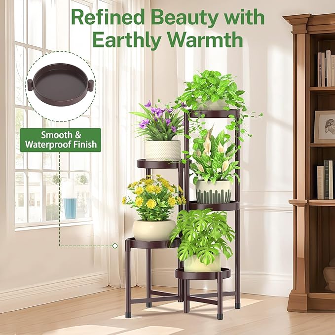 iDavosic.ly Plant Stand Indoor Outdoor, 5 Tier Corner Metal Flower Display Holder Shelf, Easy Assembly Folding Tall Orchid Rack for Patio Balcony Porch Garden Living Room House, Violet Bronze