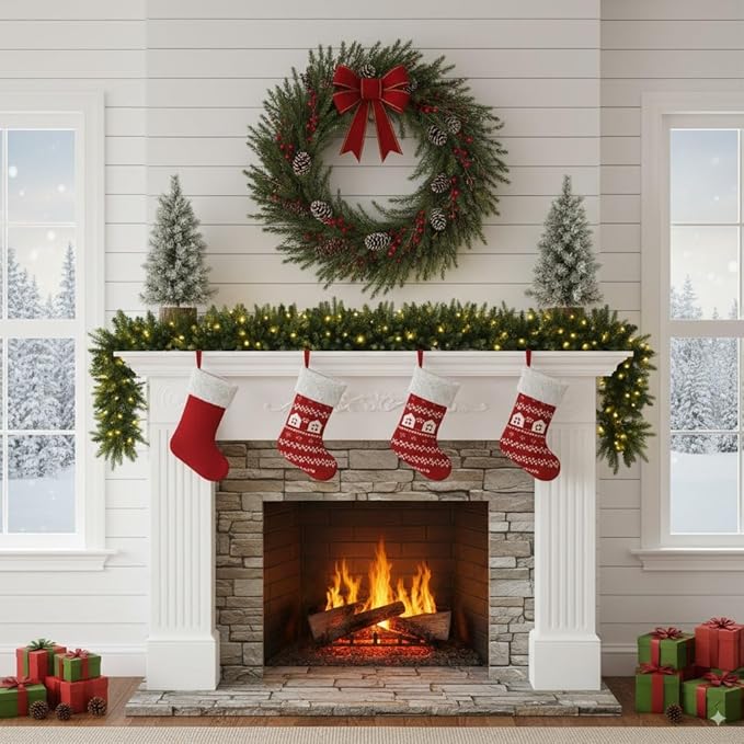 9FT Pre-Lit Artificial Christmas Garland with 50 White Light, Pulg in, Holiday Decorations Garland, Mantle for Indoor Holiday Door Home Decorations Stairs Fireplaces Wall
