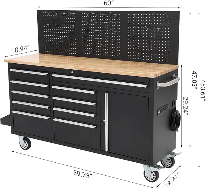Tool Chest, 61 Inch Tool Box Mobile 9 Drawers Storage Rolling Cabinet with Wheels Lock Key Locking System Drawer Liners for Garage Warehouse Repair Shop, Black