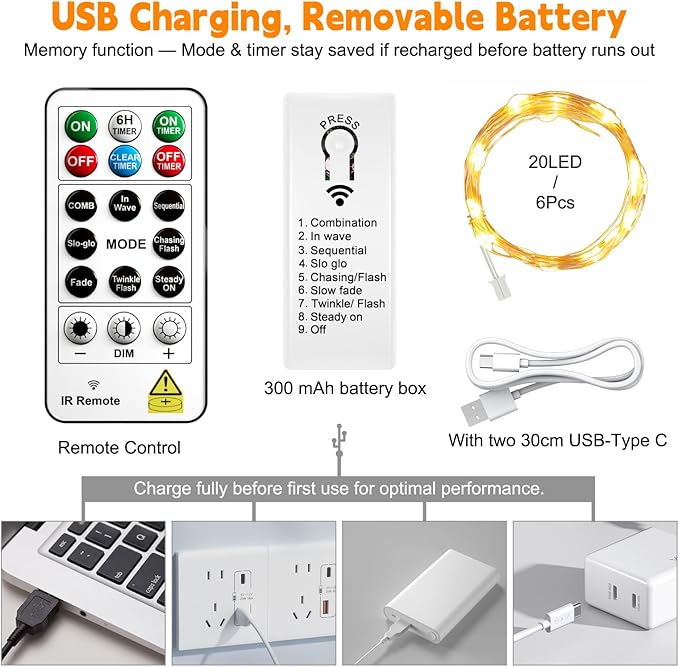 ZSJWL 6 Pack Rechargeable Fairy Lights with Remote & DIY Timer, 7Ft 20LED Mini Battery String Light, Twinkle Silver Copper Wire Lights for Wedding Party Bedroom Christmas Table Decoration(Warm White)