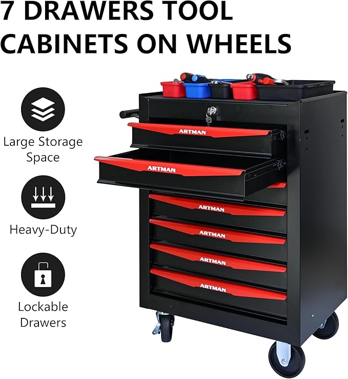 RYH 7 Drawers Rolling Tool Chest - Heavy Duty Mobile Tool Cart with Locking Wheels & Ball Bearing Drawers,30.5 H x 20.9 W x 13 D Garage Tool Storage Cabinet (Black, 7 Drawers)