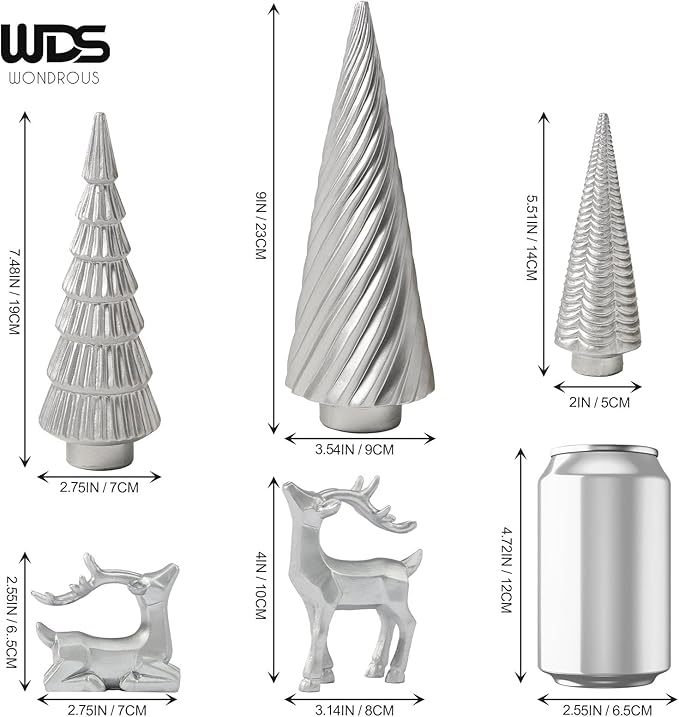 WDS WONDROUS Christmas Decor Trees and Reindeer Figurines Decoration- Sliver Set of 5 Christmas Tree Statues and Deer Decor Set, Resin Ornaments Tabletop Shelf Office Indoor