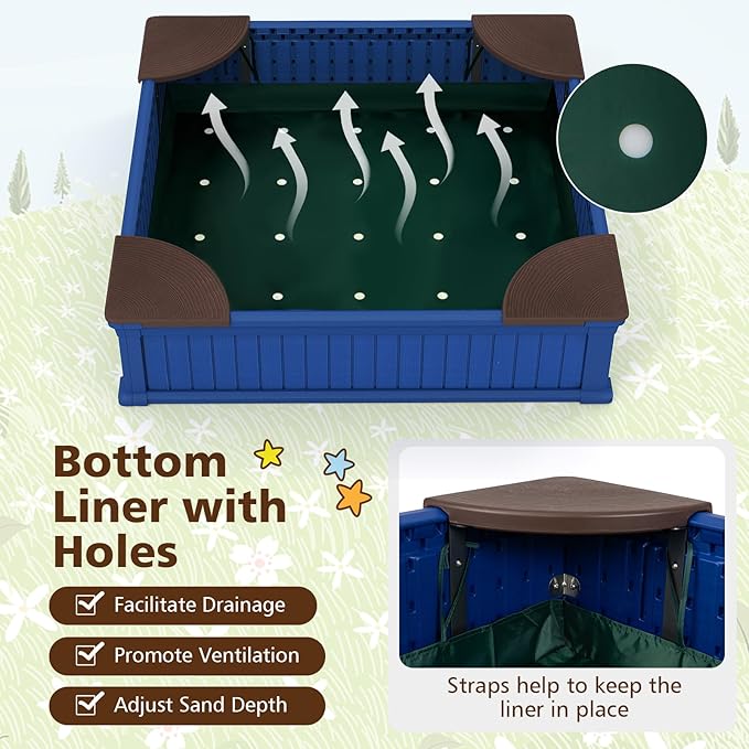 Costzon Kids Sandbox with Cover, 4ft x 4ft HDPE Sandpit with Oxford Cover, Bottom Liner, 4 Corner Seats, Weather Resistant Outdoor Sand Pit for Backyard Lawn Garden Beach (Navy)