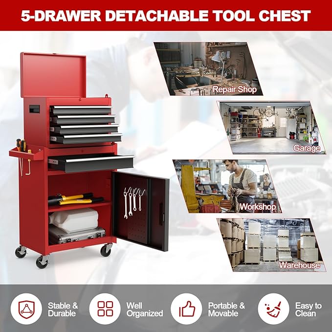 Goplus Tool Chest, 5 Drawers Rolling Tool Cabinet with Detachable Top Toolbox, Universal Lockable Wheels, Lock Bar, Protective Liner & Tool Rack, Metal Tool Storage Cart, Tool Box for Garage Workshop