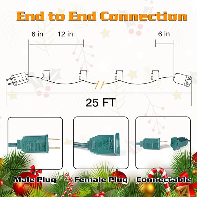 25FT C9 Light String Christmas Stringer, E17 C9 Light Sockets 12" Spacing, C9 Stringer Set Green Outdoor String Light Strand for Wedding Patio Event Lighting Decor, Green Wire