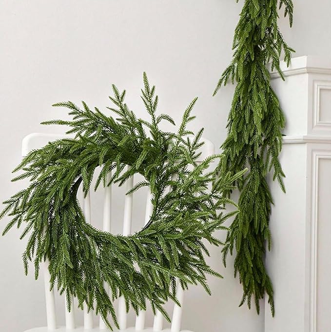2 Pcs 6 Ft Artificial Norfolk Pine Garlands, Real Touch Winter Pine Garland, Green Artificial Greenery Garland for Table, Mantle, Wall, Indoor, Outdoor Christmas Decorations