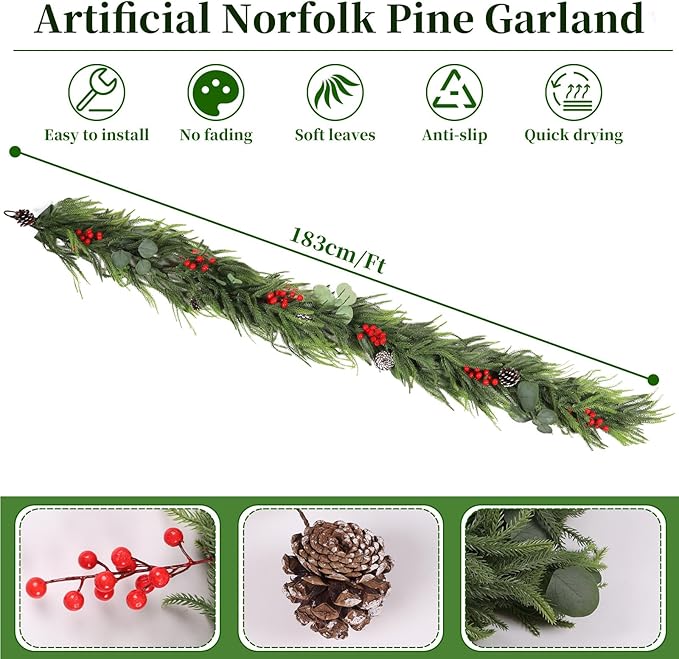 Christmas Garland of Artificial Norfolk Pine 6FT Christmas Decorations Indoor of Real Touch Winter Cedar Garland with Pinecones Red Berries Green Garland for Table Mantle Wall Outdoor