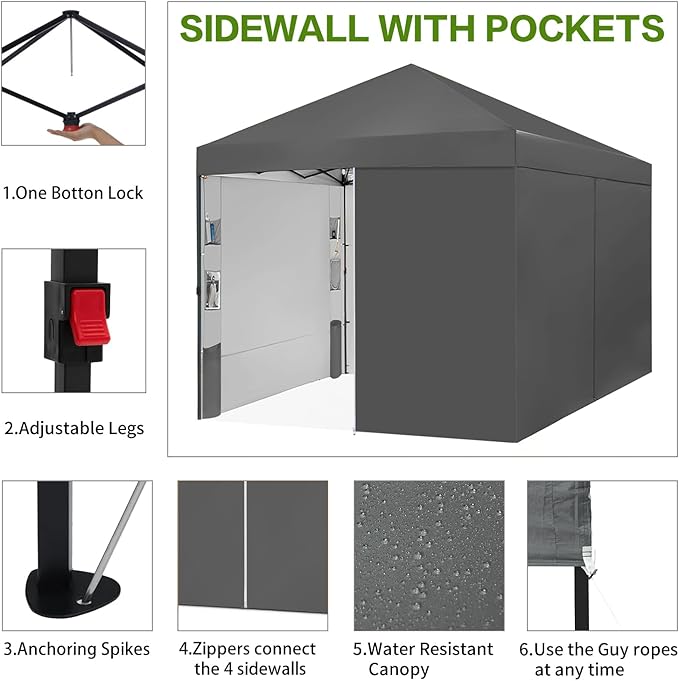 10X10 Comercial Pop Up Canopy Tent with 4 Sidewalls and 6 Pockets, One Push Setup Center Lock, for Beach Patio Outdoor, Case, 8 Stakes, 4 Ropes, 4 Sandbags (Charcoal Grey)