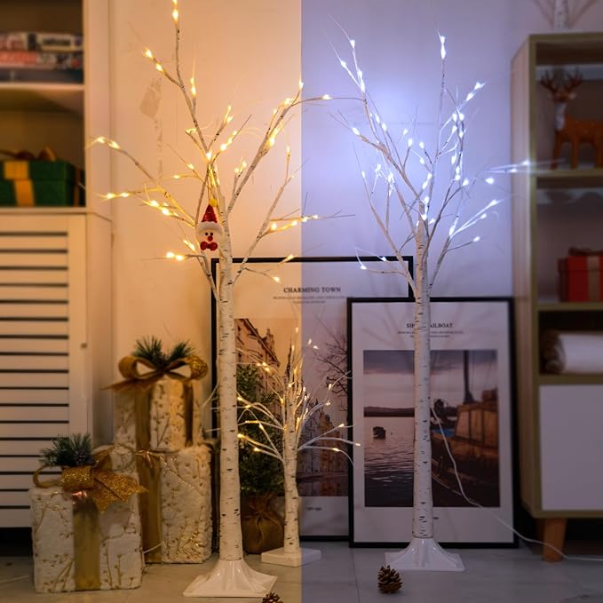 2-Pack 4FT Lighted Birch Tree (Higher Size & Floor Standing), 96 LED Color Changing Birch Christmas Tree Lights for Outdoor 2 Modes Twinkling Christmas Decorations Indoor (Warm White ⇋ Cool White)