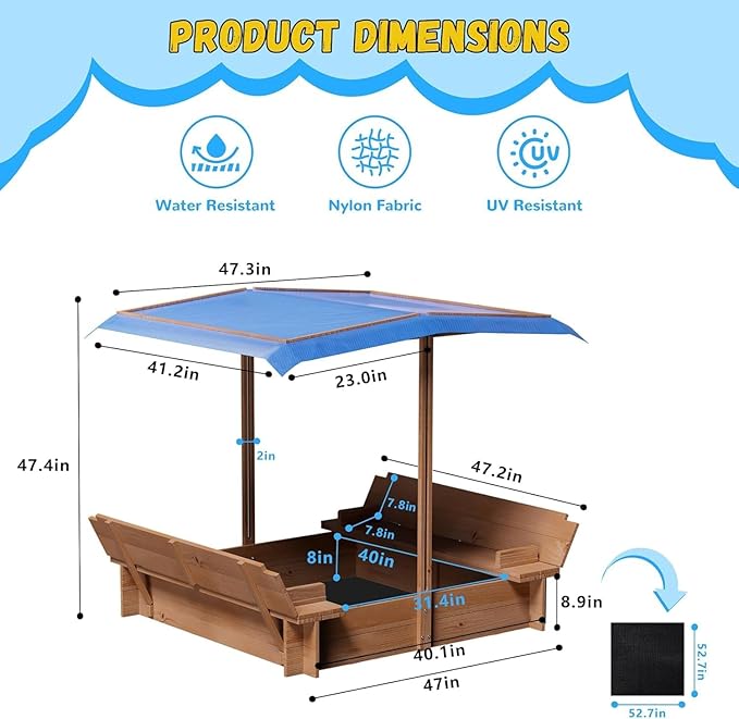 Kids Wooden Sandbox with Adjustable Canopy, Rotatable Sunshade Cover & Two Foldable Bench Seats for Outdoor Play