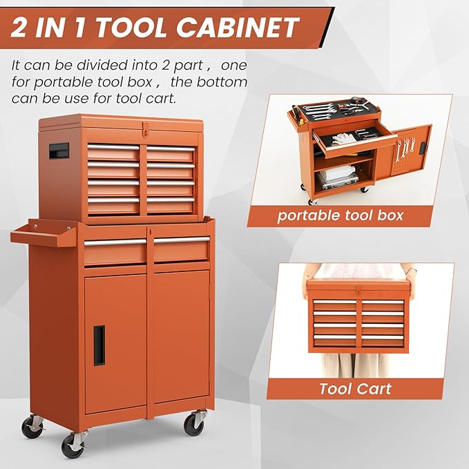 ERGOMASTER Tool Chest Heavy Duty Rolling Tool Box with Cabinet 5-Drawer for Lockable & Removable Cabinet for Garage and Workshop - Orange