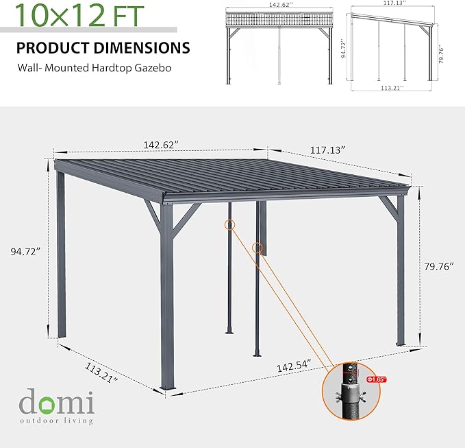 Domi 10'x12' Wall Mounted Hardtop Gazebo, Connectable Lean to Pergola with Gutters & Galvanized Steel Roof, 60MPH Wind Resistance, Outdoor Heavy Duty Metal Awning for Patio, Deck, Backyard - Grey