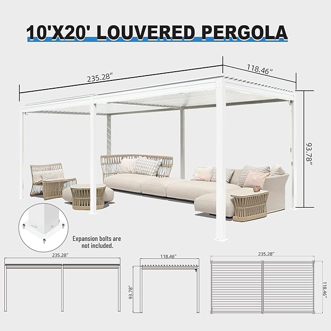 10’ x 20’ Louvered Pergola, Outdoor Pergola Aluminum Frame with Adjustable Rainproof Metal Roof, Permanent Sun Shade with Drainage System for Backyard, Garden and Lawn (White)