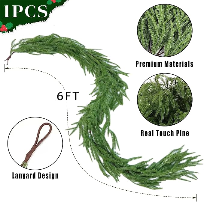 Christmas Norfolk Pine Garland - 6 FT Artificial Norfolk Pine Garland for Table, Wall, Mantle, Window, Christmas Decorations Indoor