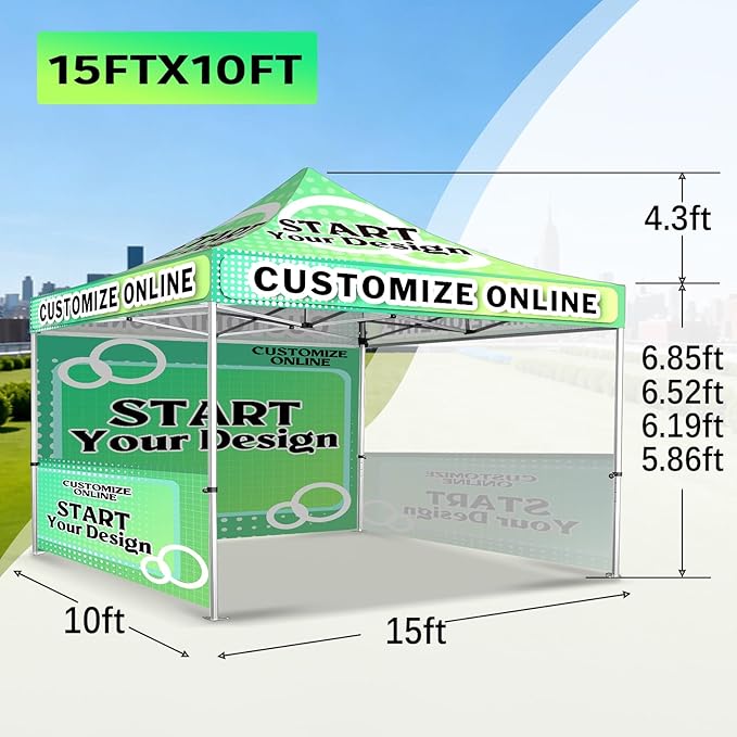 10x15FT Custom Pop Up Canopy Tent with Logo Personalized Trade Show & Event Heavy Duty Aluminum Folding for Outdoor Markets, Business Branding Advertising (Top Canopy+1 Full Wall+2 Half Walls)