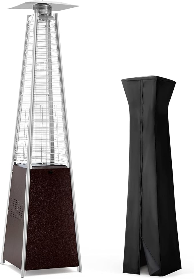 PAMAPIC Patio Heater, 42,000 BTU Quartz Glass Tube Brown Tower Propane Outdoor Heater with Cover