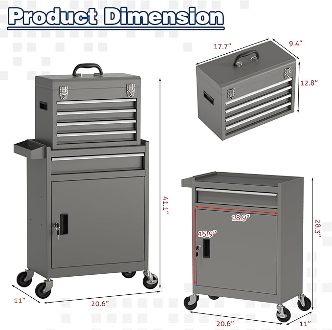Rolling Tool Box with Wheels, 5-Drawer High Capacity Tool Chest with Wheels, Removable Storage Toolbox with Lock for Garage, Workshop (Grey)