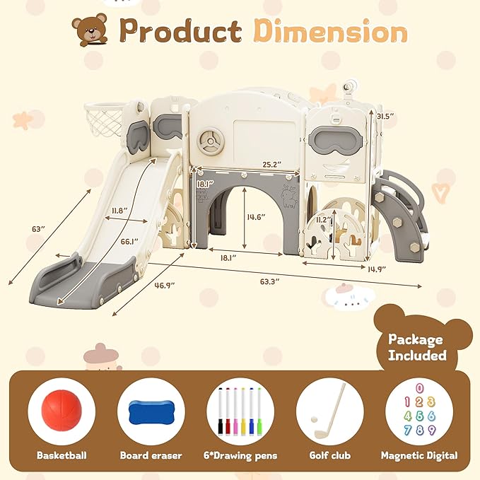 11-in-1 Toddler Slide Playset,Indoor Playground for Kids 1-3 and Toddler Outdoor playset with Golf Set Drawing Set Basketball Hoop, Playground Easy Assembly Bear Theme