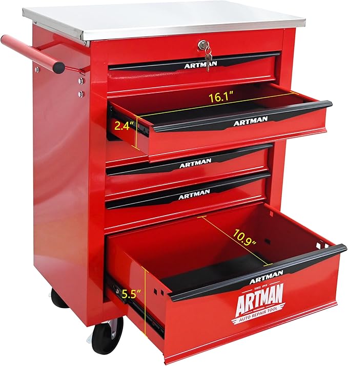 RYH 4/5/6/7 Drawers Rolling Tool Chest -Heavy Duty Mobile Metal Tool Box with Locking Wheels, with Stainless Steel Worktop, Garage Tool Storage Cabinet (Red, 6-Drawers 30.7 H¡¿22.2 W)
