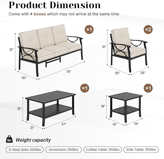 5-Piece Outdoor Patio Furniture Set, Outdoor Metal Sectional Furniture with Cushions, Outdoor Conversation Seating Set with Side Table for Deck, Backyard, Garden, Balcony, Black