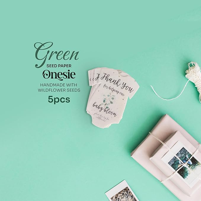 Onesie Seed Paper – 5Pcs Green Baby Shower Favors for Guests with Wildflower Seeds, Writable & Plantable, Baby Shower Gifts for Guest