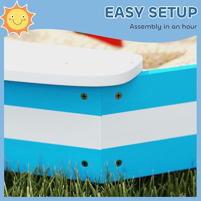 Qaba Kids Sandbox, Outdoor Wooden Sand Pit with 4 Corner Seats, Bottom Liner for Backyard, Garden, 52 x 52 x 6, Blue