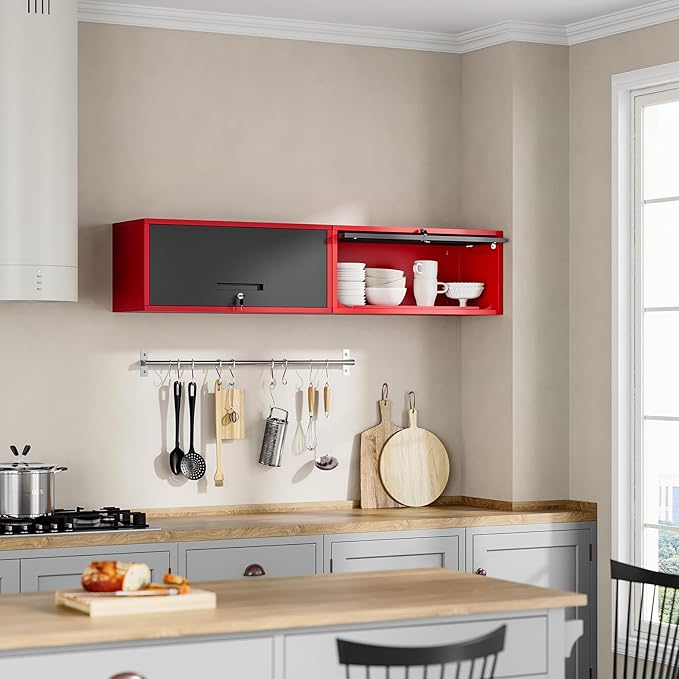 Yizosh Metal Wall Cabinet with Doors, Wall Mounted Storage Cabinet, Floating Tool Cabinet for Kitchen, Basement, Warehouse (Red Black, 13.7 H)