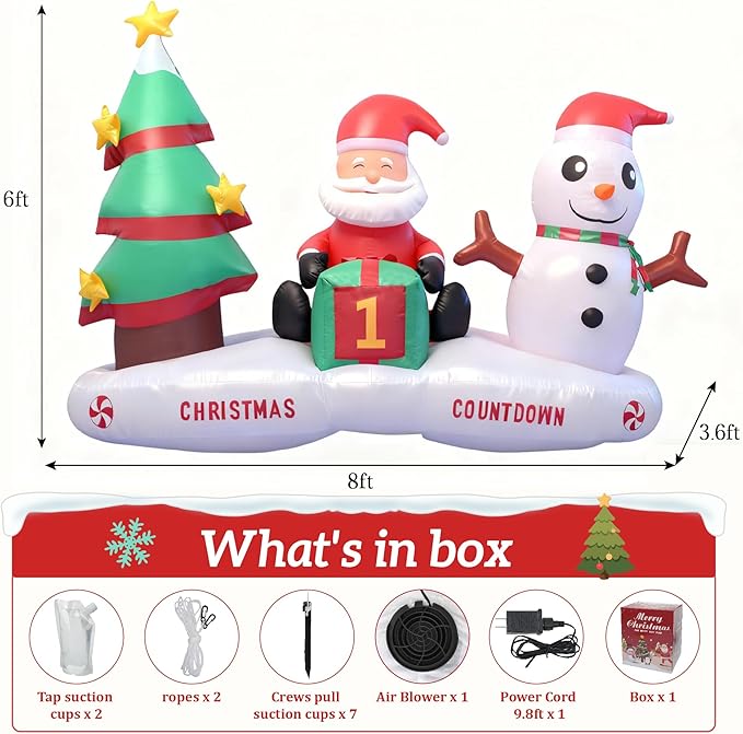 6FT Christmas Inflatable Decoration Countdown, Built-in LED Lighting Christmas Tree Santa Claus Snowman, Inflatable Decoration Suitable for Outdoor Courtyard, Indoor Garden,Lawn