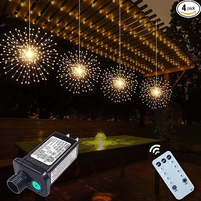 4 Pack 800 LED Plug in Starburst Sphere Lights,Firework Light 8 Modes Dimmable Remote Control,Waterproof Copper Wire Hanging Fairy Lights for Patio Parties Tent Christmas (Warm White)