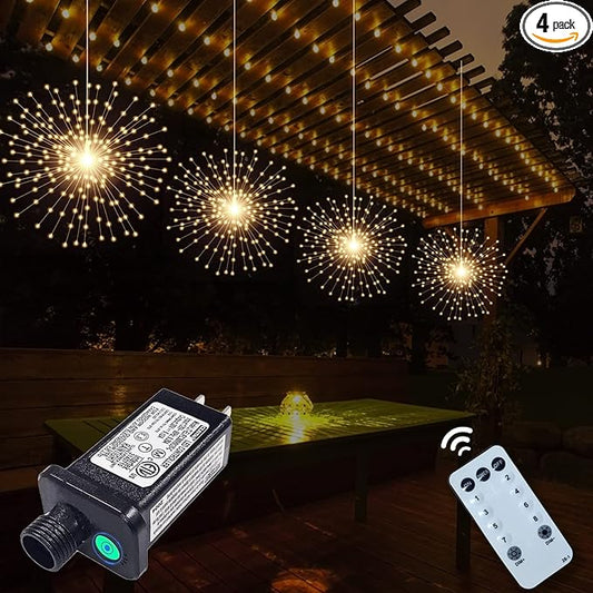4 Pack 800 LED Plug in Starburst Sphere Lights,Firework Light 8 Modes Dimmable Remote Control,Waterproof Copper Wire Hanging Fairy Lights for Patio Parties Tent Christmas (Warm White)