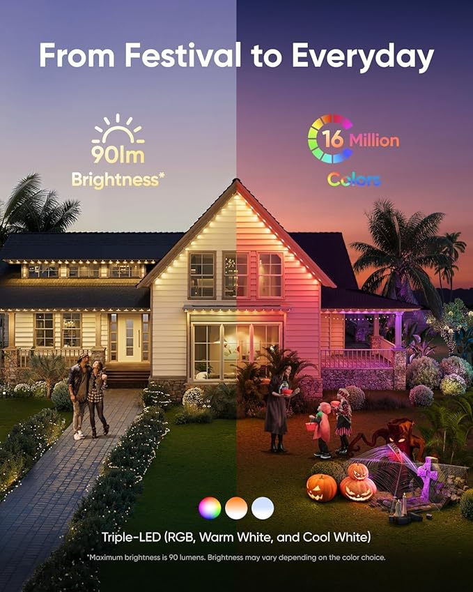 eufy Permanent Outdoor Lights E22, 150ft with 90 Triple-LED Lights, Smart RGBWW, Daily and Holiday, Up to IP67 Waterproof, AI Lighting Themes for Halloween, Christmas, Links with Cameras, White