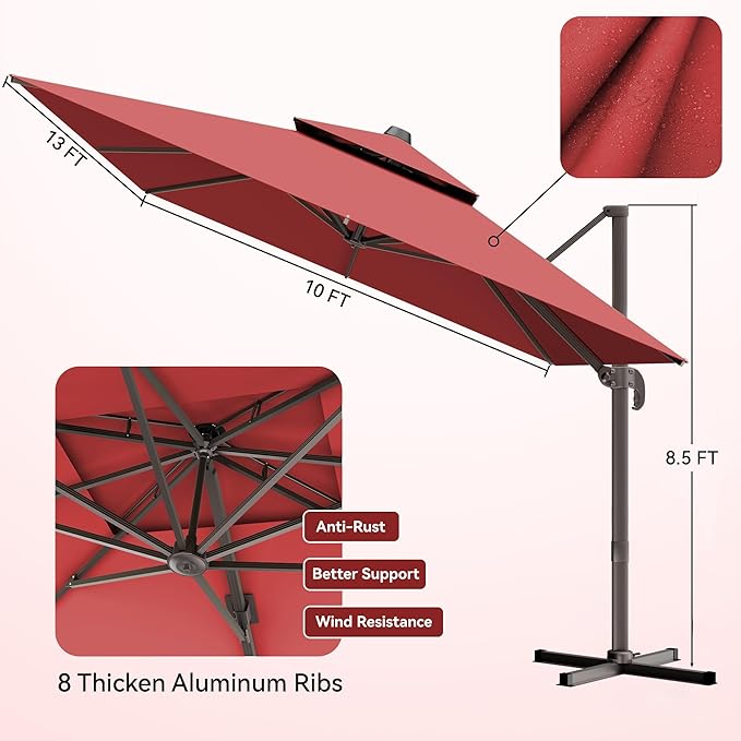 10x13 FT Patio Umbrella, Large Cantilever Rectangular Double Top Heavy Duty Offset Umbrellas with 360° Rotation, Outdoor shade for Garden Deck Pool Patio, Red
