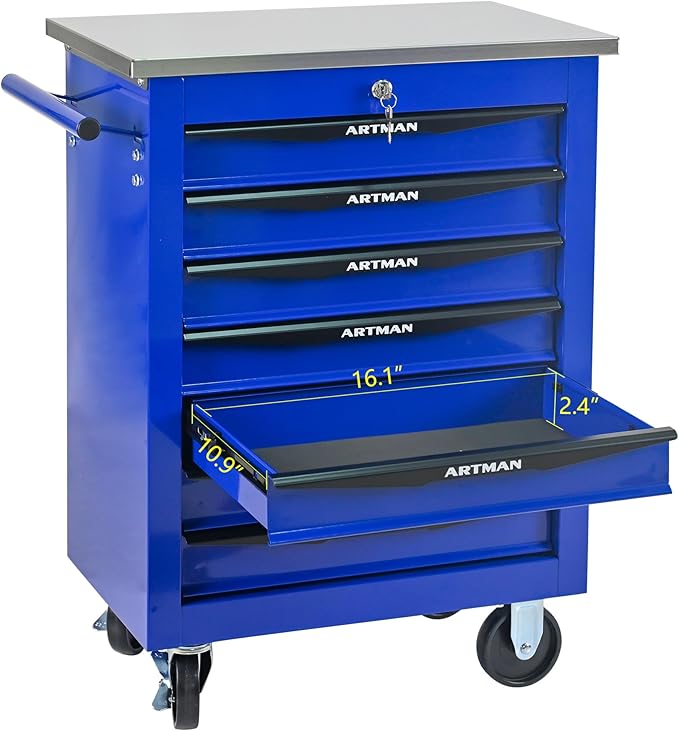 RYH 4/5/6/7 Drawers Rolling Tool Chest -Heavy Duty Mobile Metal Tool Box with Locking Wheels, with Stainless Steel Worktop, Garage Tool Storage Cabinet (Blue, 7-Drawers 30.7 H¡¿22.2 W)