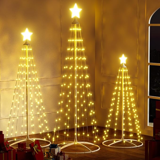 Lamerge 3pcs Christmas Cone Tree Lights(4ft+5ft+6ft), Christmas Tree Decorations Light Up Tree, 448 Warm Lights,Artificial Christmas Decorations for Indoor Outdoor Holiday Party Decor