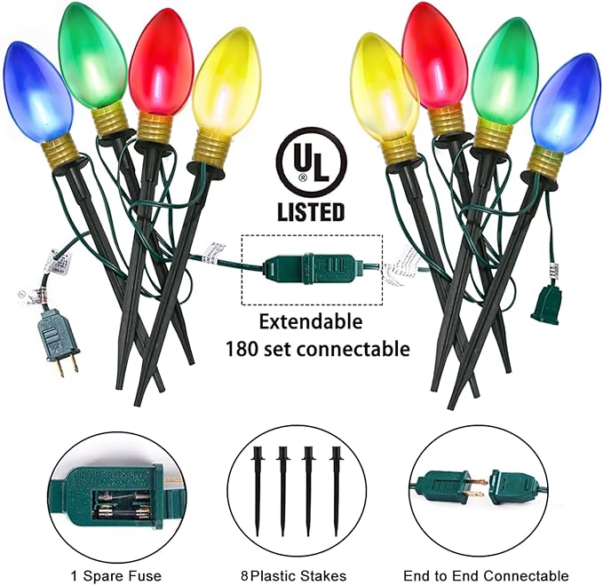 Christmas Lights Jumbo C9 Outdoor Lawn Decorations with Pathway Marker Stakes, 2 Pack 7 Feet String Lights with Transparent Multicolored Light Bulb for Holiday Outside Yard Garden Decor, 8 Lights