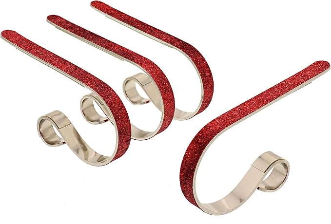 Haute Decor The Original MantleClip Stocking Holder - 4 Pack (Glitter Red) - Hang Christmas Stockings Safely and Securely from Mantels Up to 3 Inches Thick