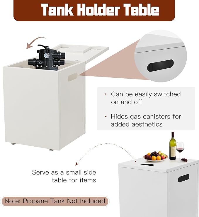 ECOTOUGE 2 Piece 32 Square Propane Fire Pit Table wirh Tank Holder, 50,000 BTU Outdoor Gas Fire Pit with Lid, Steel Fireplace w/Weather Cover, Lava Rocks for Patio, CSA Certified, White