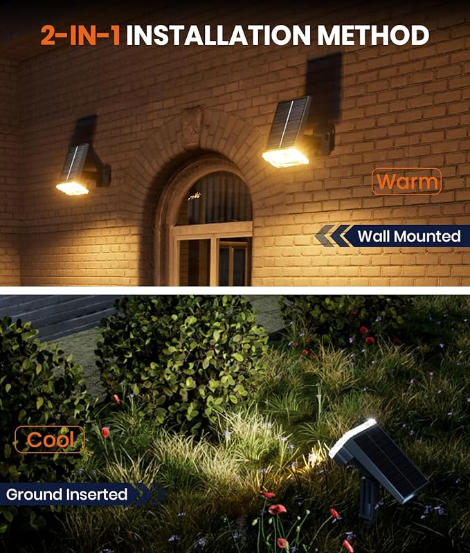12 Pack Solar Spotlights Outdoor Waterproof IP67,Adjustable Wall&Ground Solar Lights Powered with 3 Colors, 3 Modes, Dusk to Dawn for Pathway/Garden/Yard/Patio/Driveway/Landscape Lighting Outside