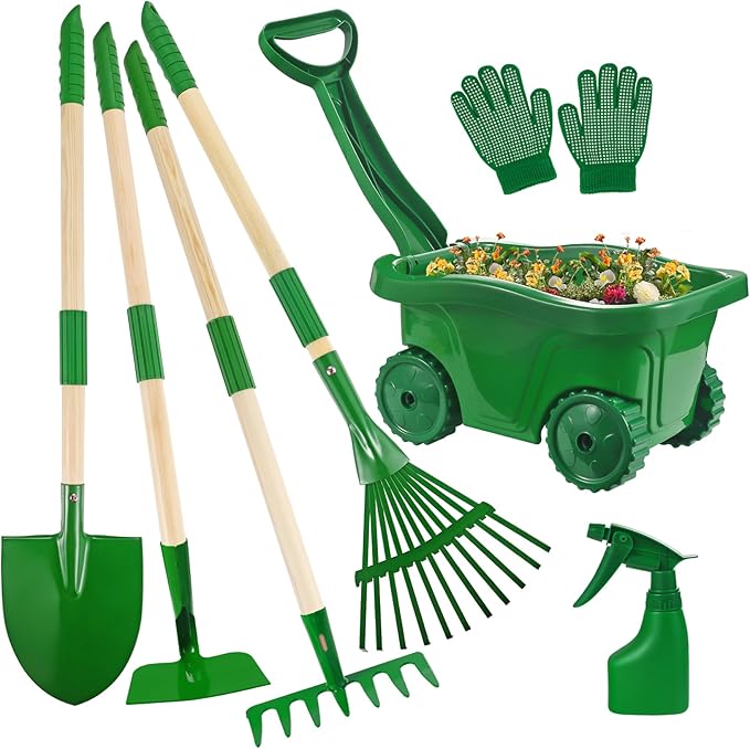 Duckura Kids Gardening Tools Set - 7pcs Wheelbarrow Set for Kids with Shovel, Rake, Leaf Rake, Summer Outdoor Yard Digging Weed Birthday Gifts Toys, Christmas for Boys Girls Age 2 3+ Years Old(Green)